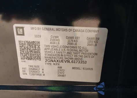 2020 Chevrolet Equinox Awd Lt 1.5L Turbo z USA, uszkodzony, nr VIN 2GNAXUEV9L6173353